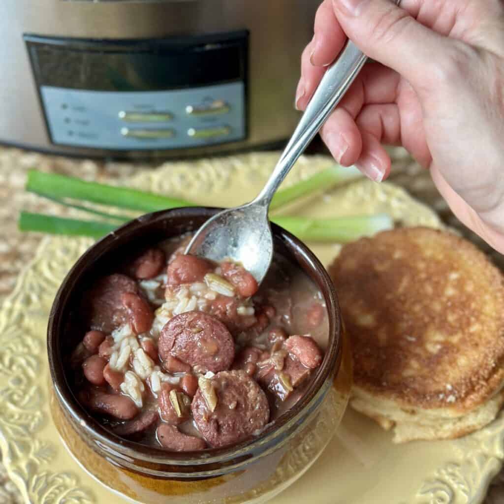 A bowl of red beans and rice.