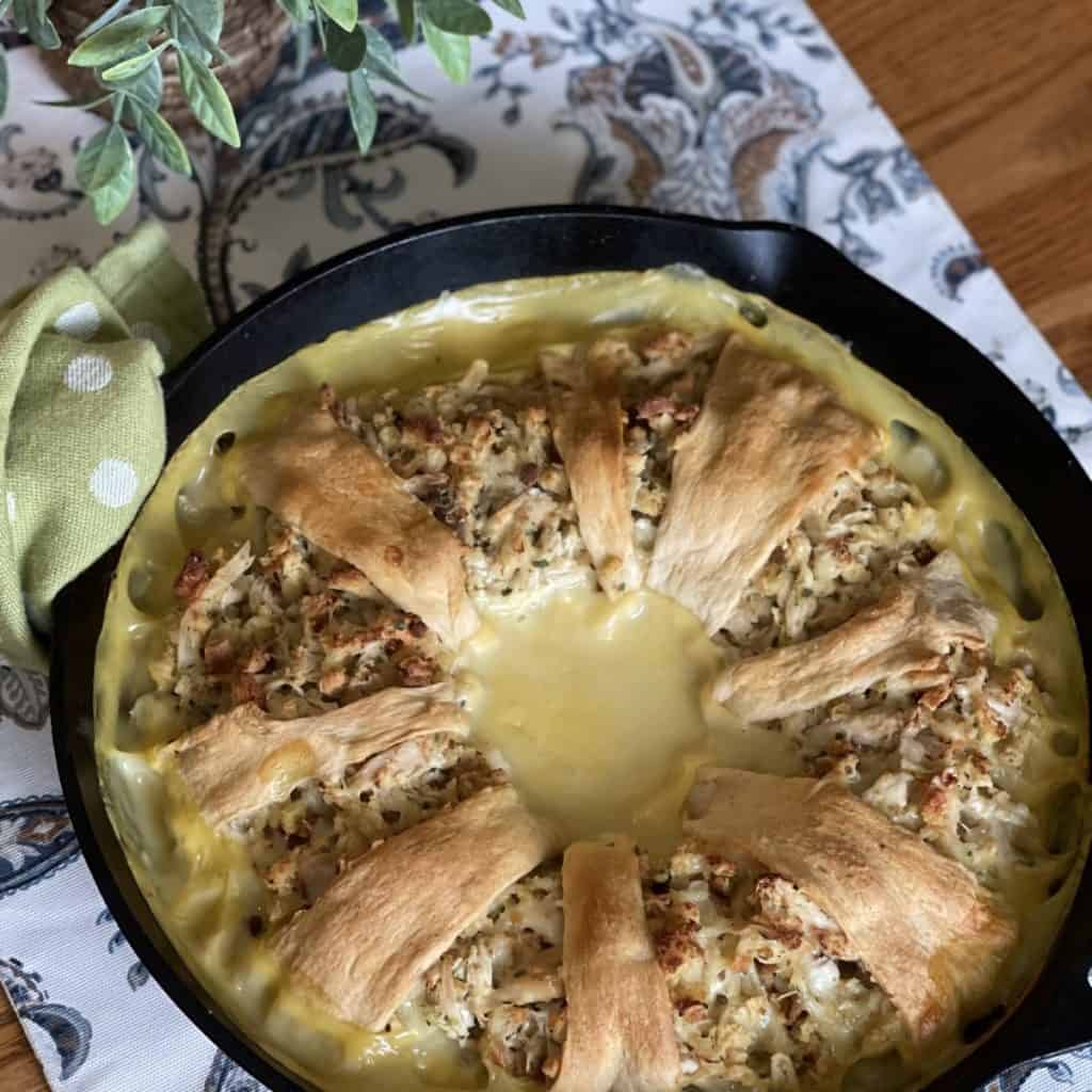 An overhead shot of a crescent roll chicken ring.