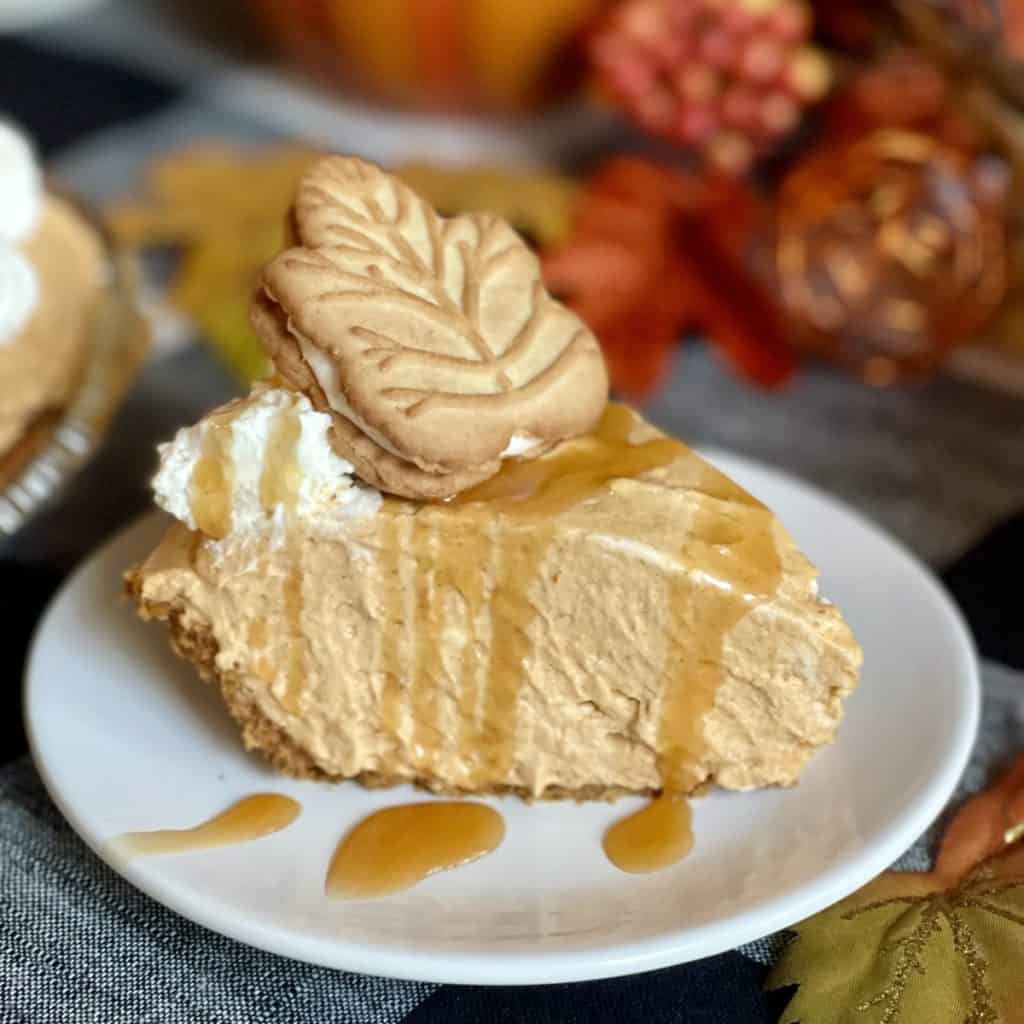 A slice of pumpkin no bake pie.