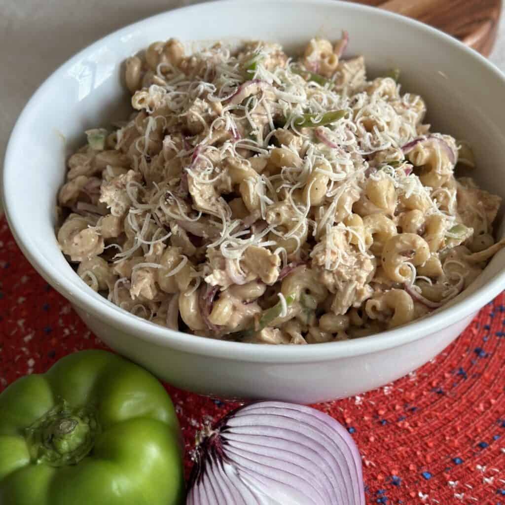 A bowl of pasta salad.