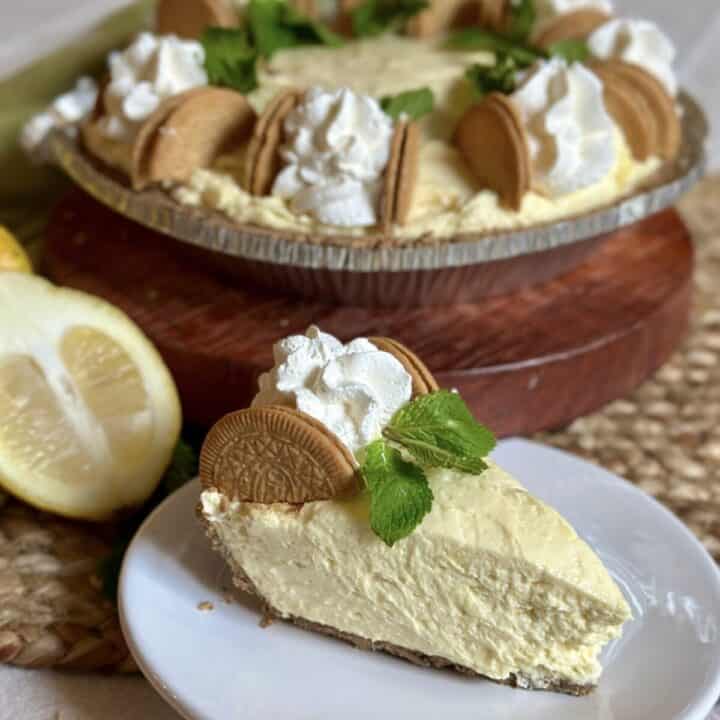 A slice of no bake lemon cream pie.