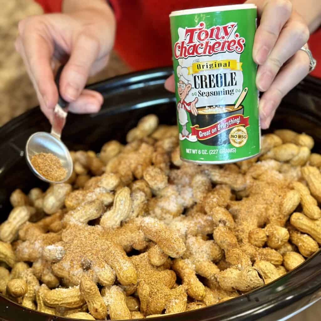 Adding cajun seasoning to peanuts in a crockpot.