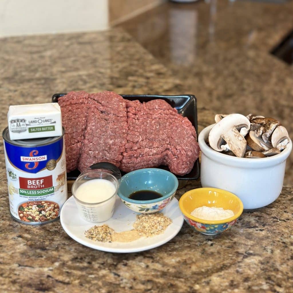 Ingredients measured and ready to make hamburger steaks and gravy.