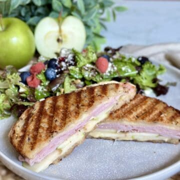 A ham and cheese panini on a plate.