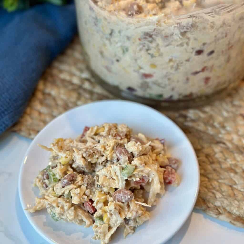 A serving of cornbread chicken salad.