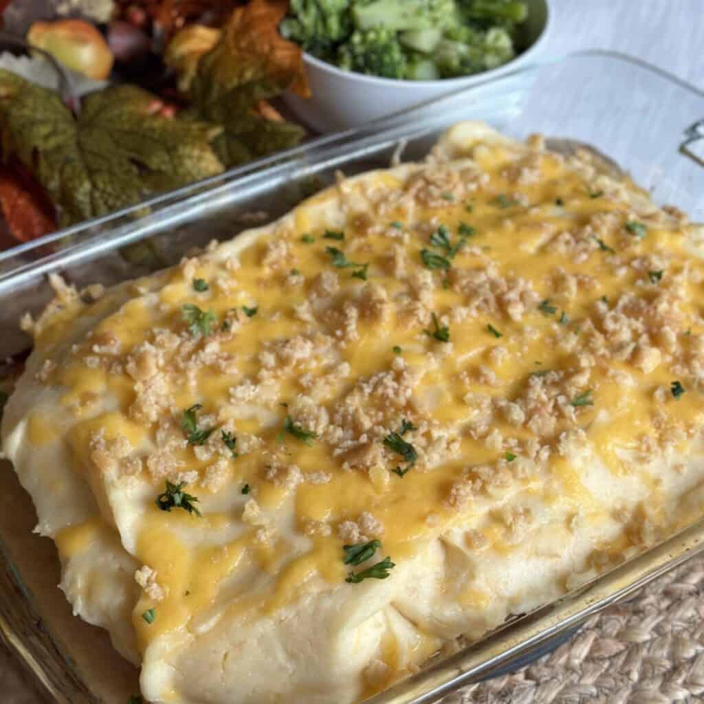 A pan of baked meatloaf casserole.