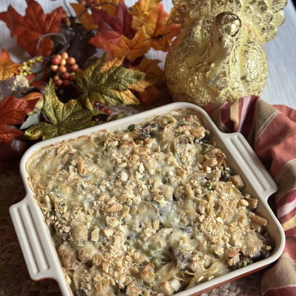 A pan of turkey tetrazzini on a plate.