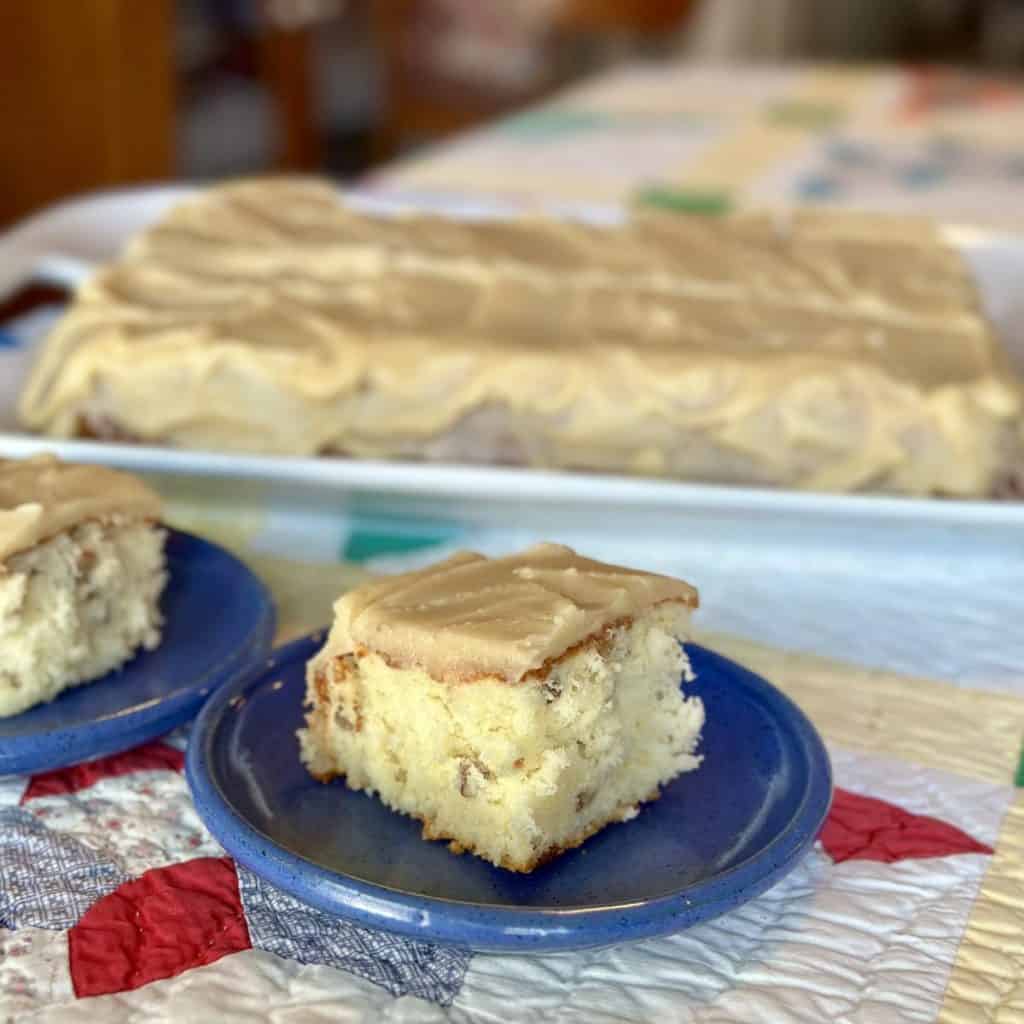 A slice of white chocolate cake.