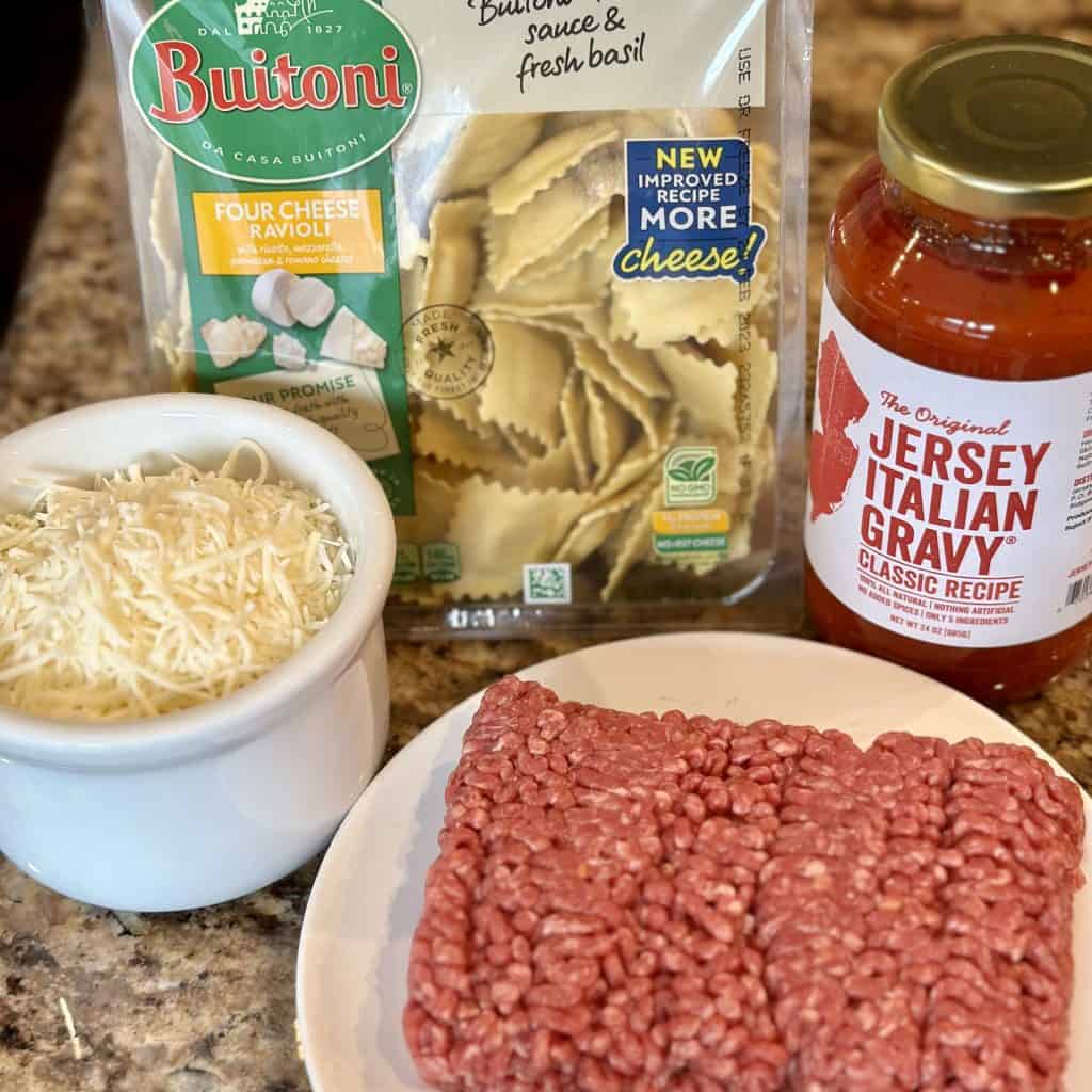 ingredients for baked ravioli are displayed