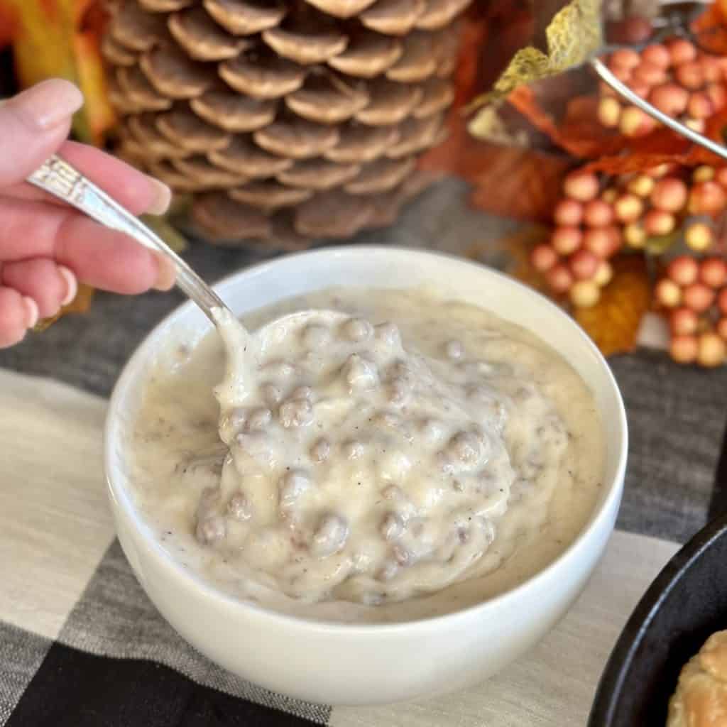 A bowl of sausage gravy.