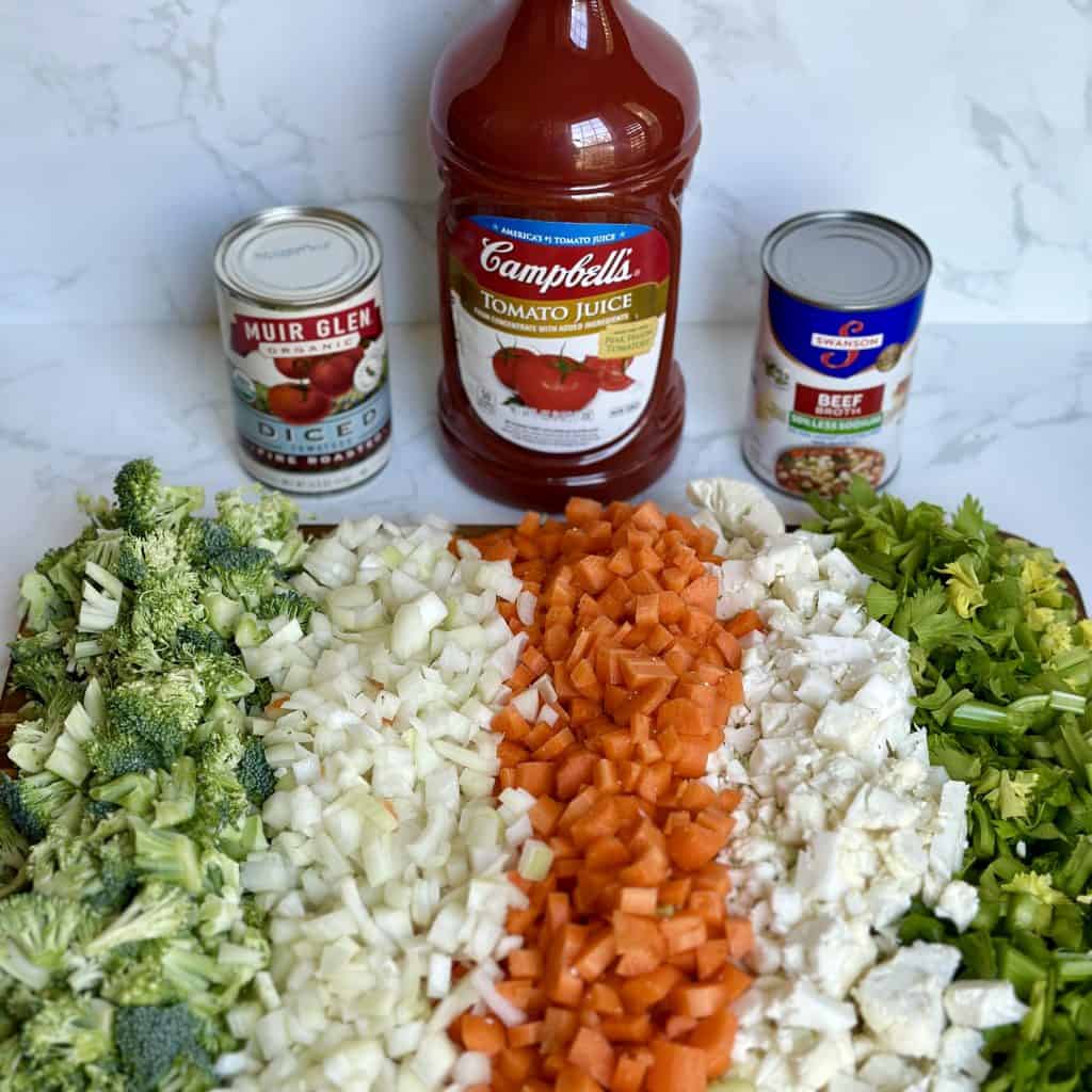 Ingredients for soup sorted by color and displayed nicely