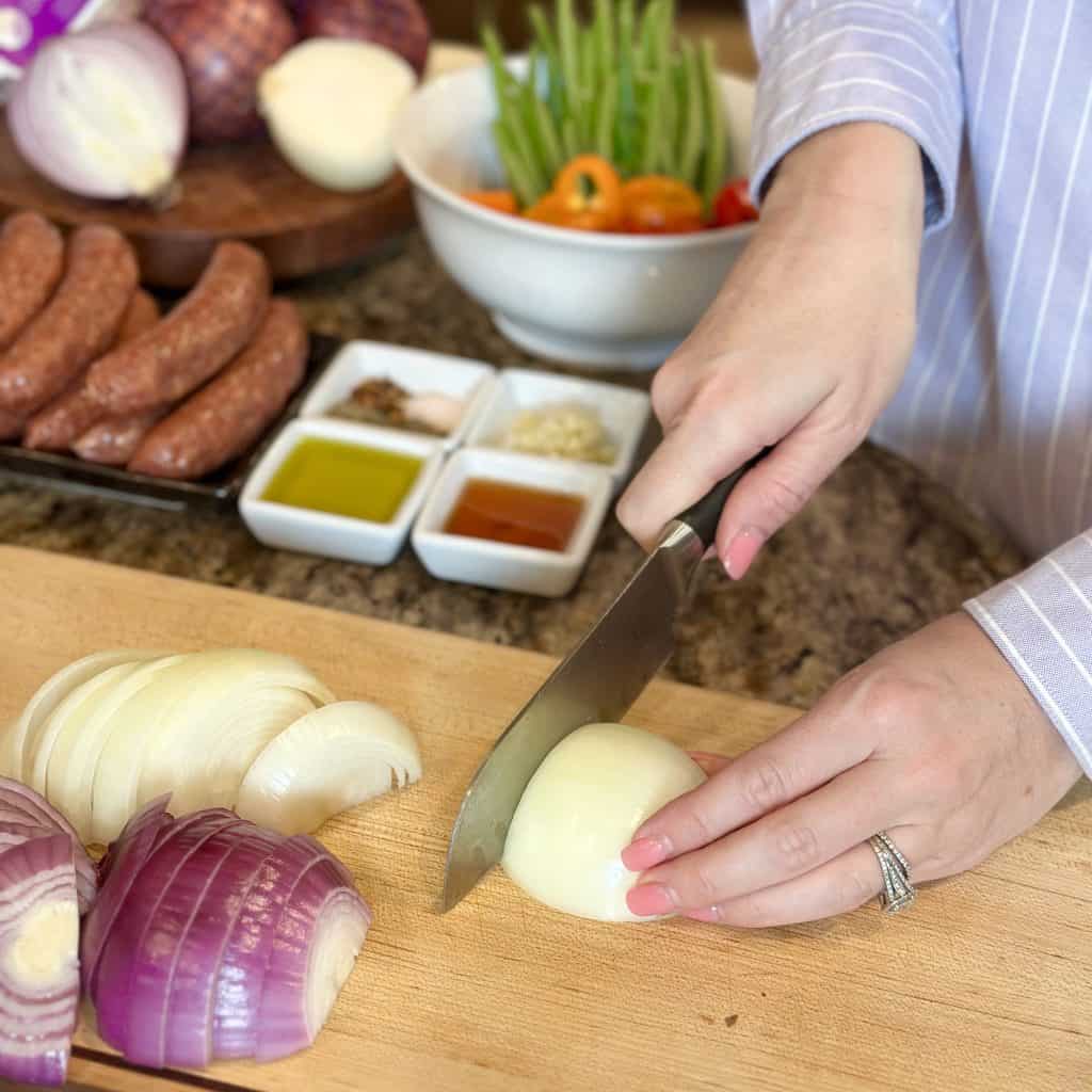 chopping onions with a knife