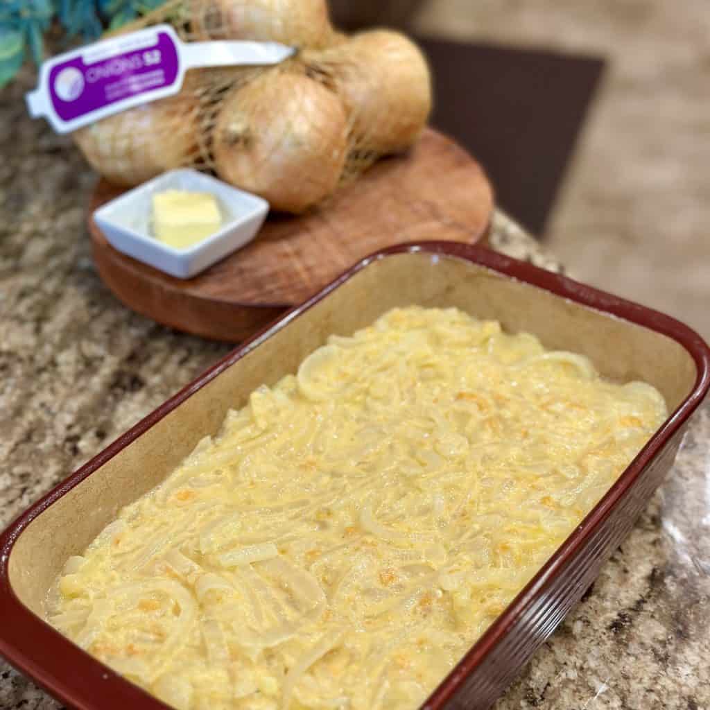 casserole ingredients emptied into a baking dish