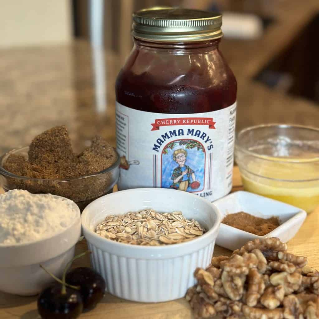 Ingredients for cherry crisp on a cutting board