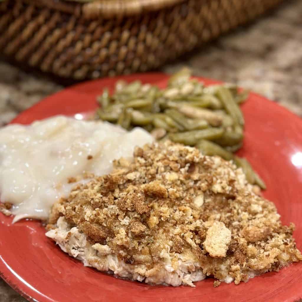 Finished Easy Swiss Chicken Stuffing Casserole served on a plate