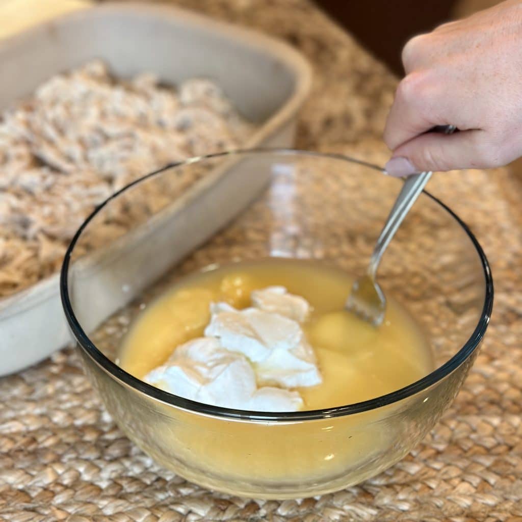 Mixing the soup, broth, and sour cream