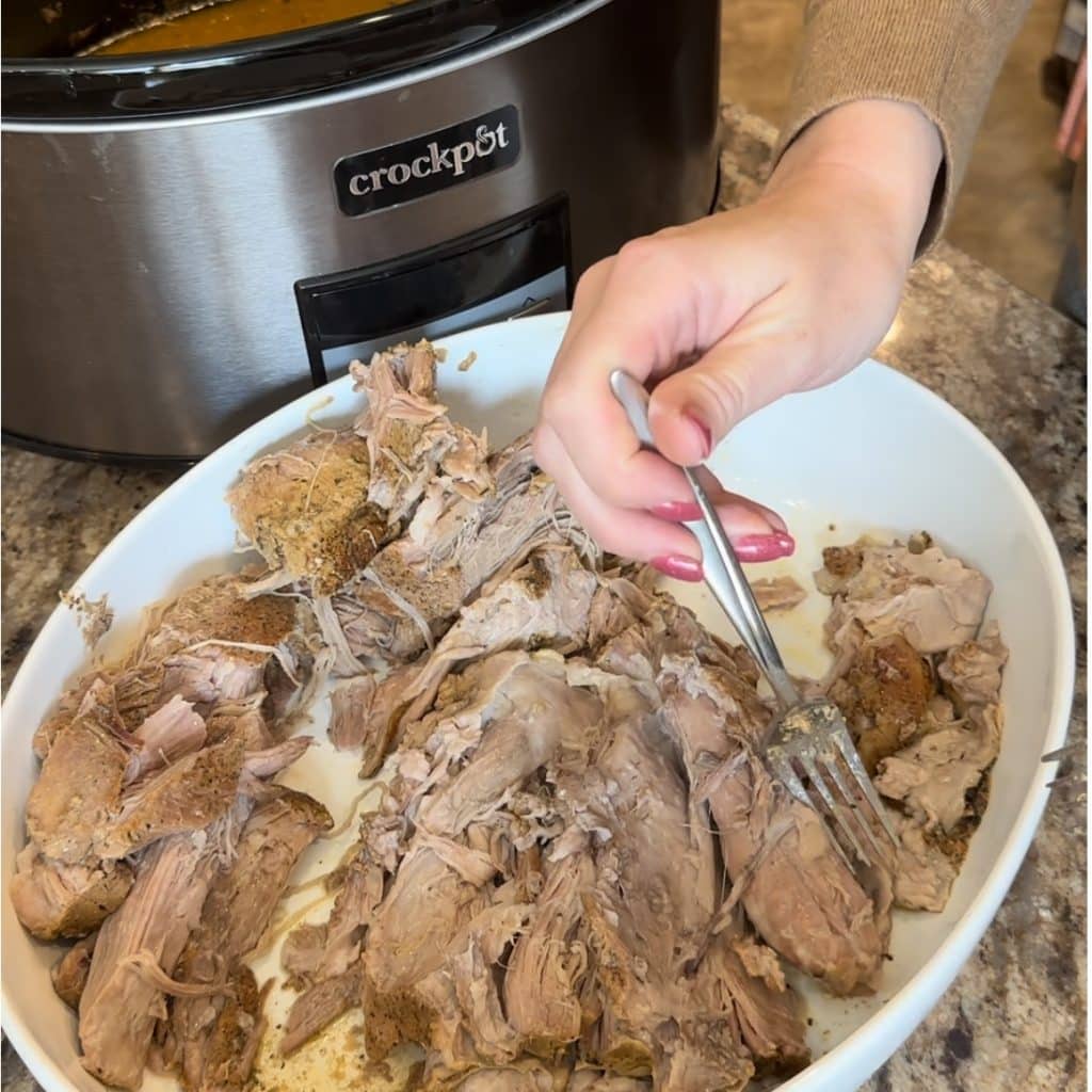 Pork being shredded in bowl.