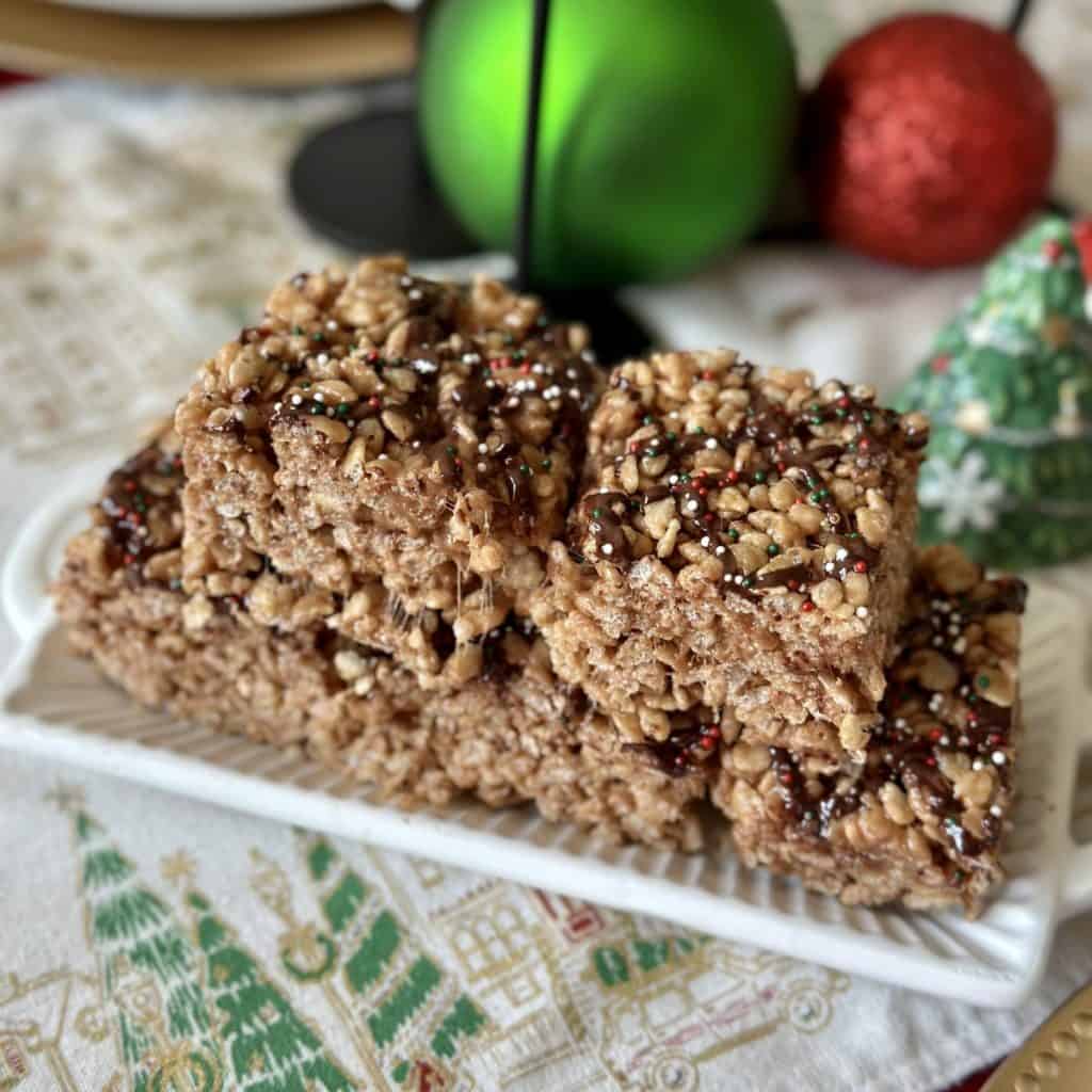 A plate of chocolate peanut butter rice crispy treats.