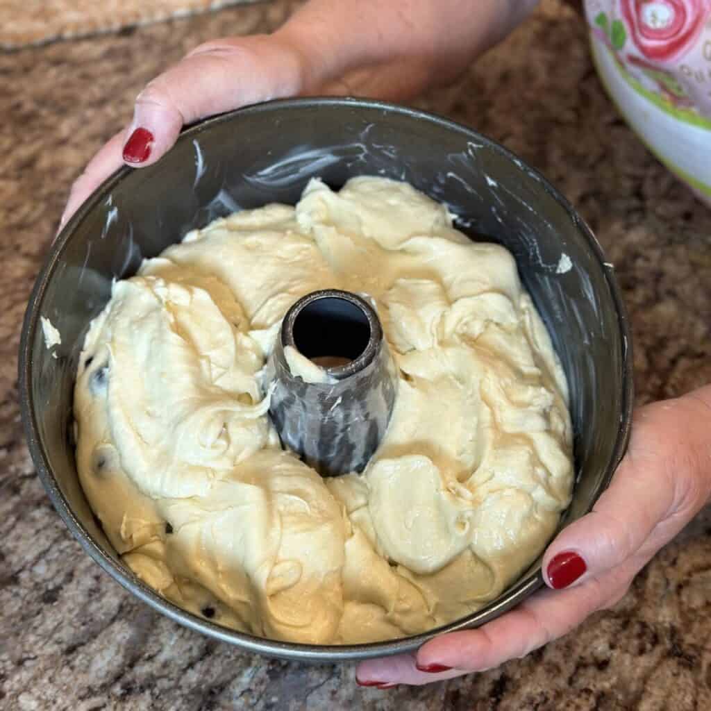 The batter of a pound cake in a pan.