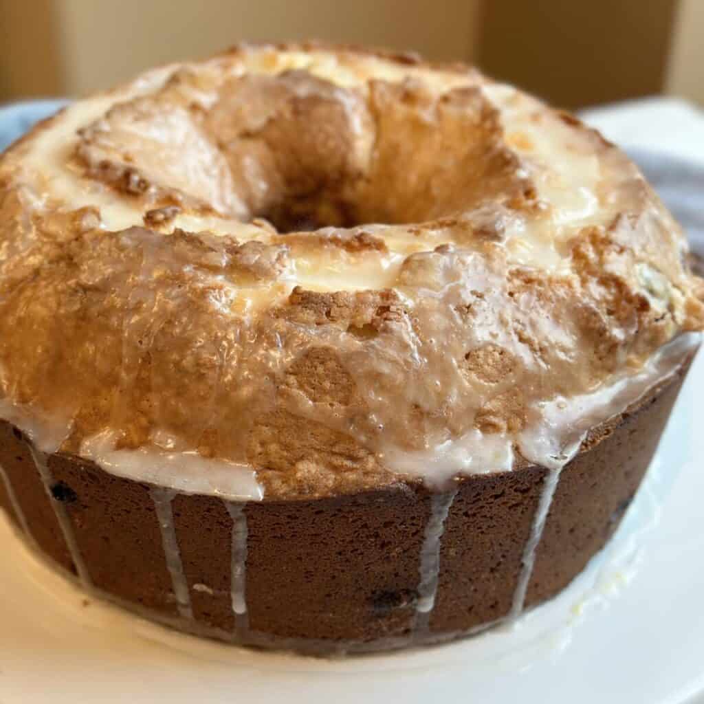 A pound cake with glaze.