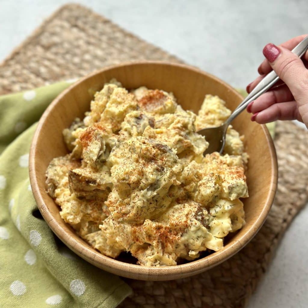 A bowl of classic potato salad ready to serve