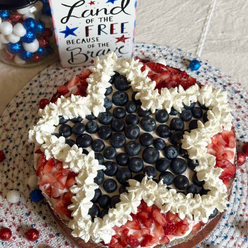 A patriotic berry cheesecake pie.