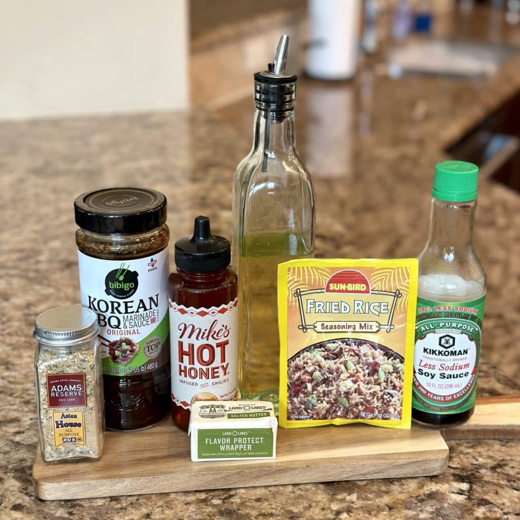 Ingredients to make a meat, rice and veggie hibachi meal.