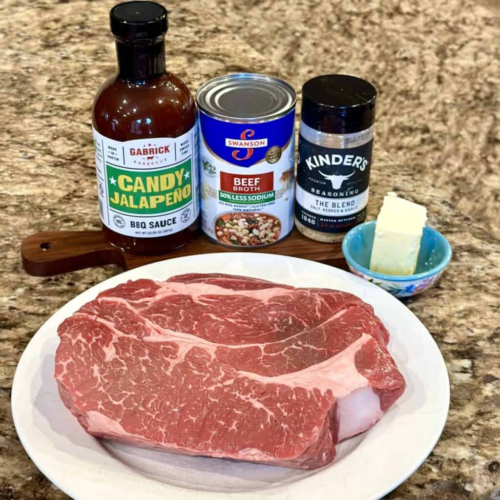 The ingredients needed to make a crockpot bbq beef.