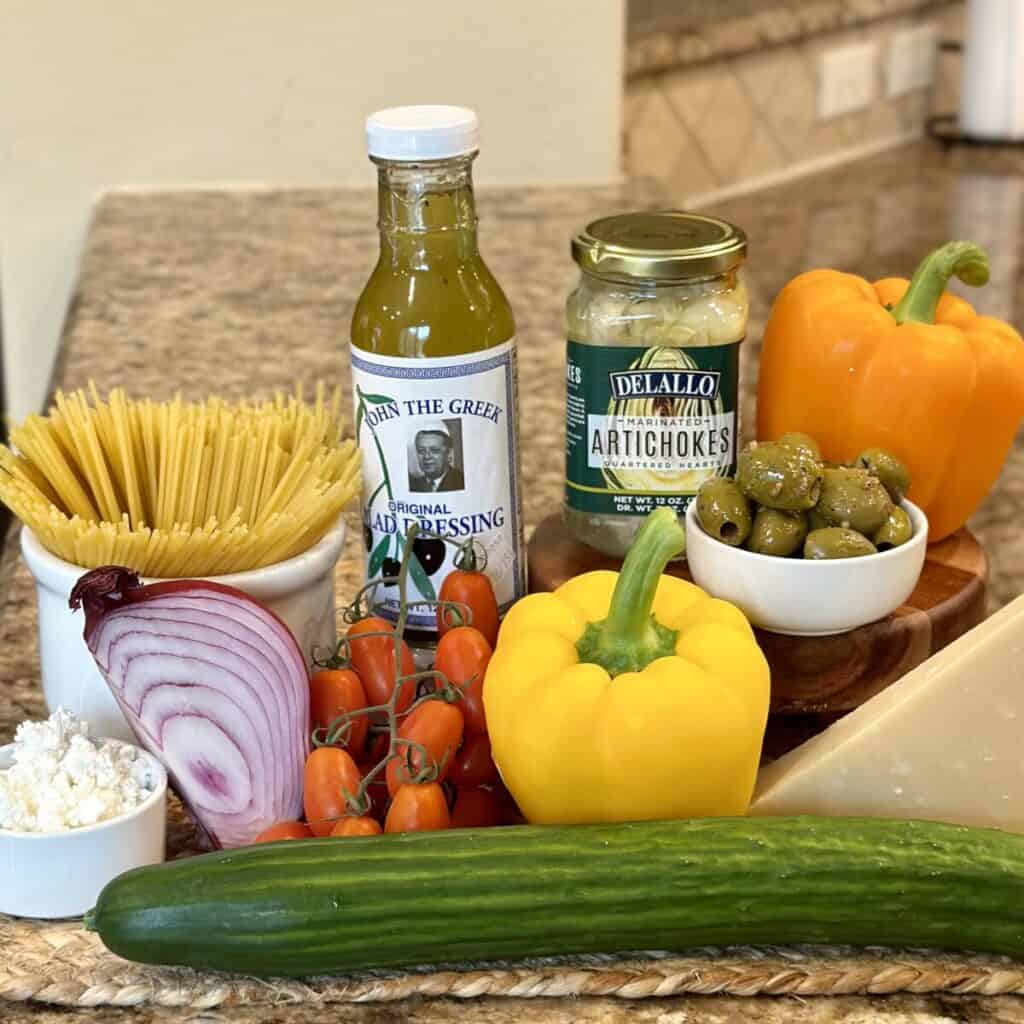 The ingredients for cold spaghetti salad.