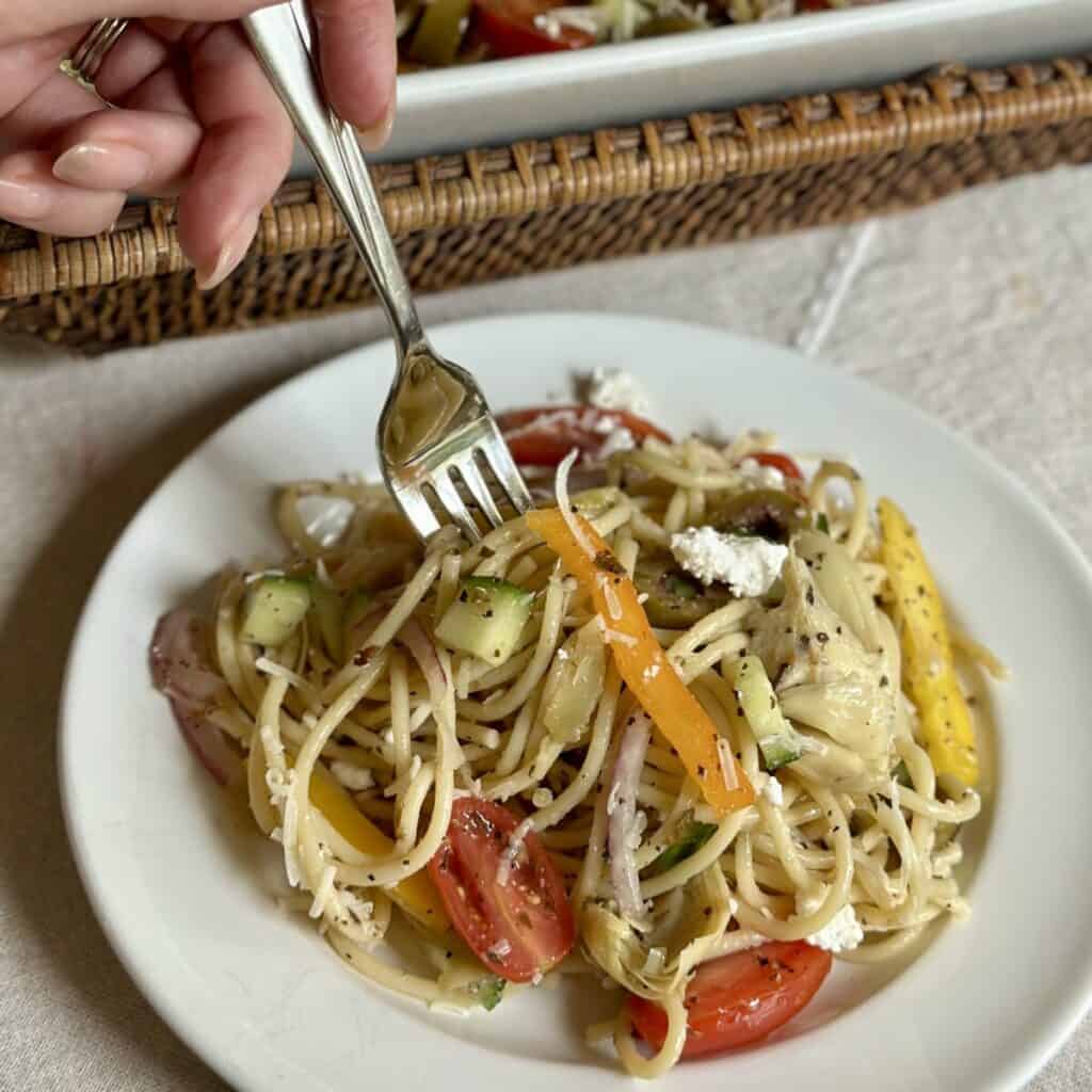 A plate of spaghetti salad.