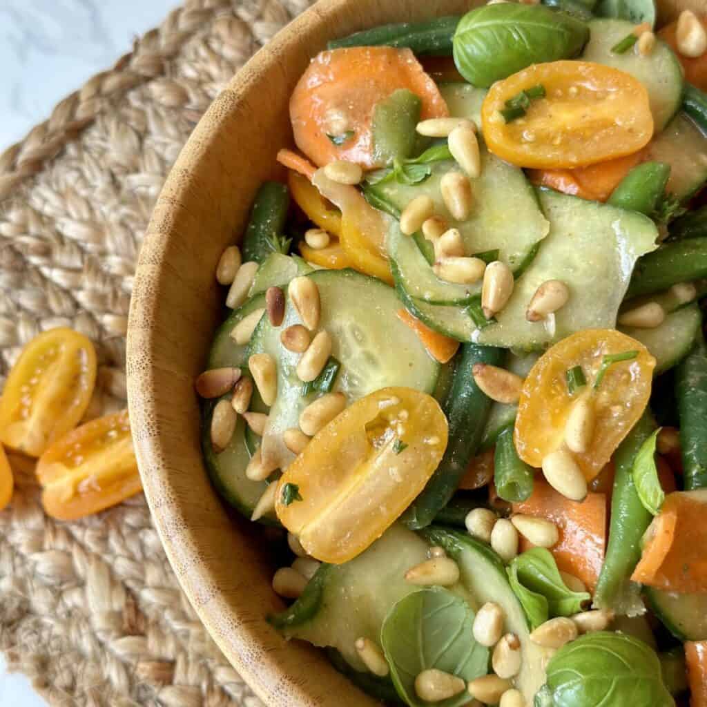 A close up shot of cold green bean salad.