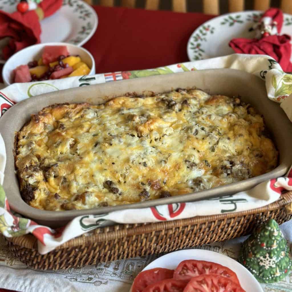 A baking dish of egg and sausage casserole.