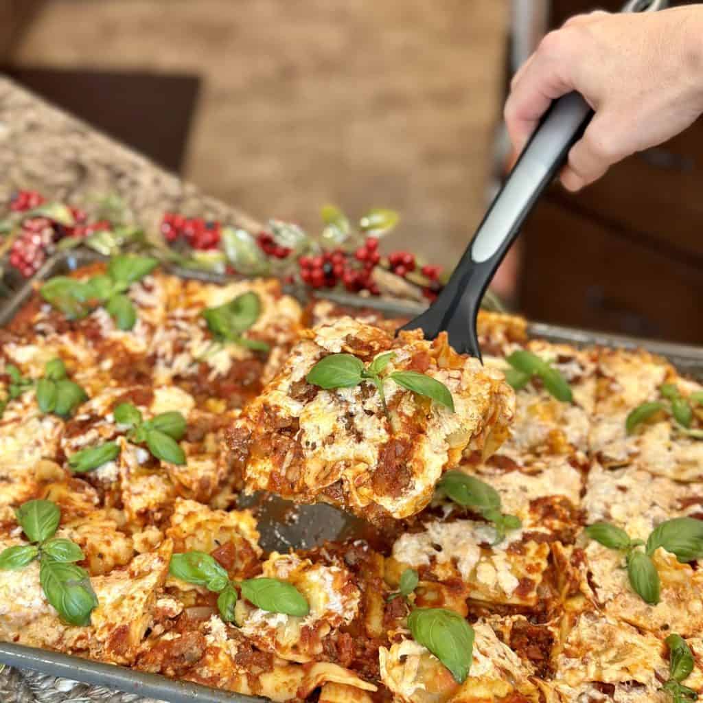 A slice of baked sheet pan ravioli