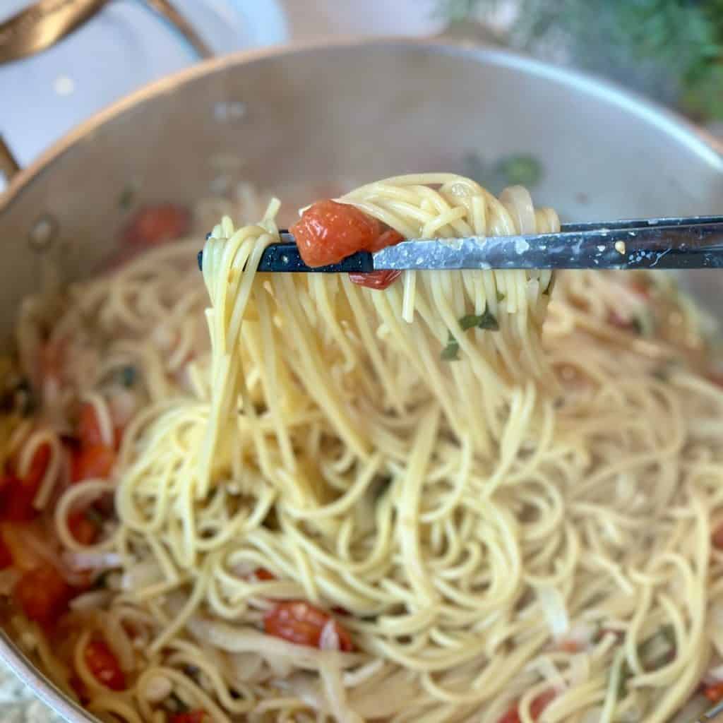 A pan of cooked pasta