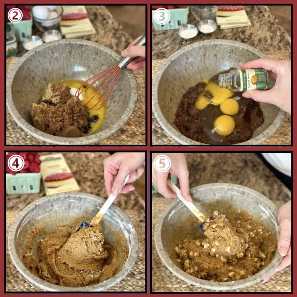 Four steps displayed making white chocolate raspberry bars.