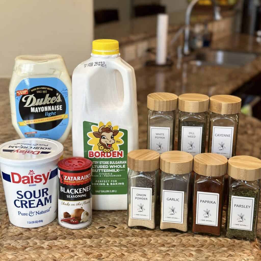 Ingredients displayed to make blackened ranch sauce.