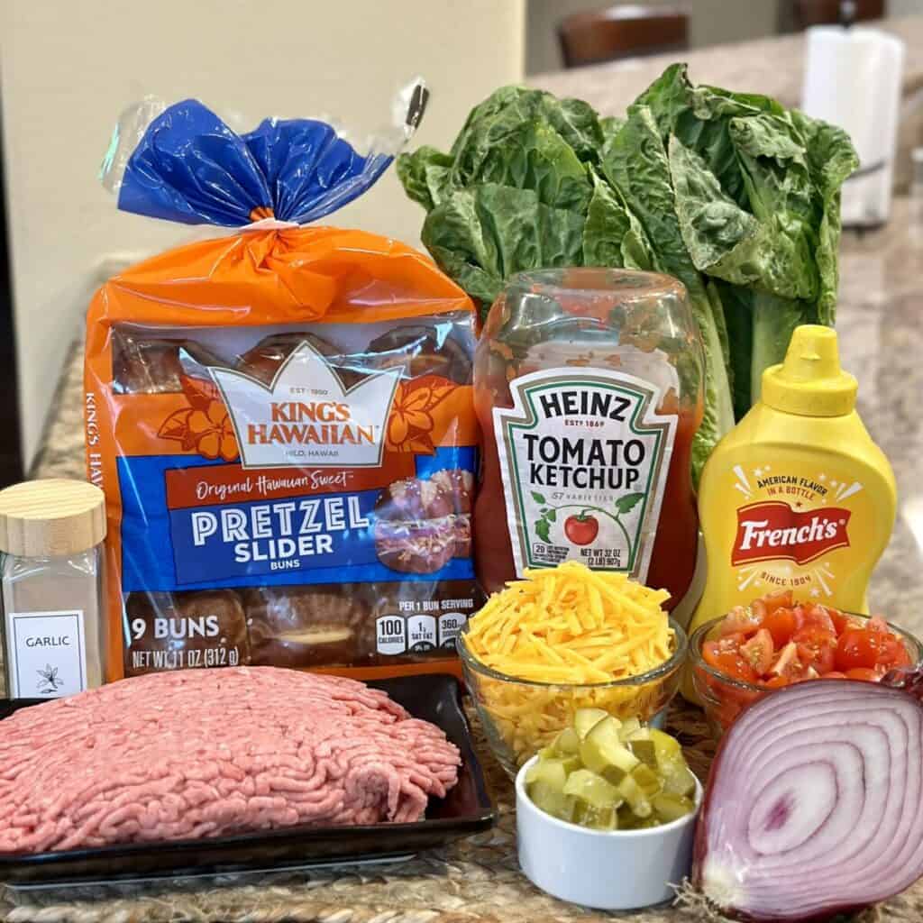 Ingredients needed to make a burger salad.