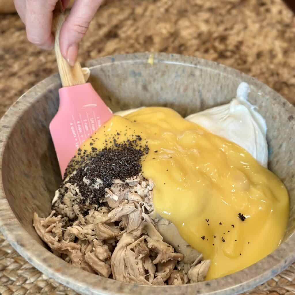 Mixing together the ingredients for a poppyseed chicken casserole.