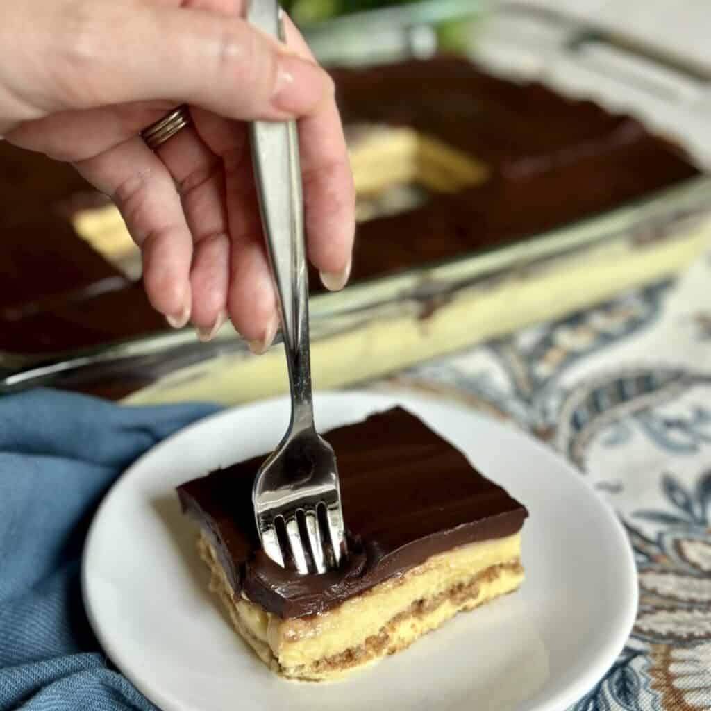 Getting a forkful of eclair cake.