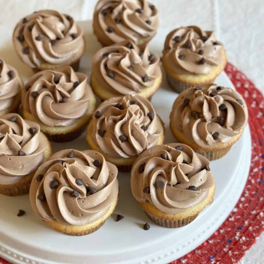 A platter of chocolate chip cupcakes.