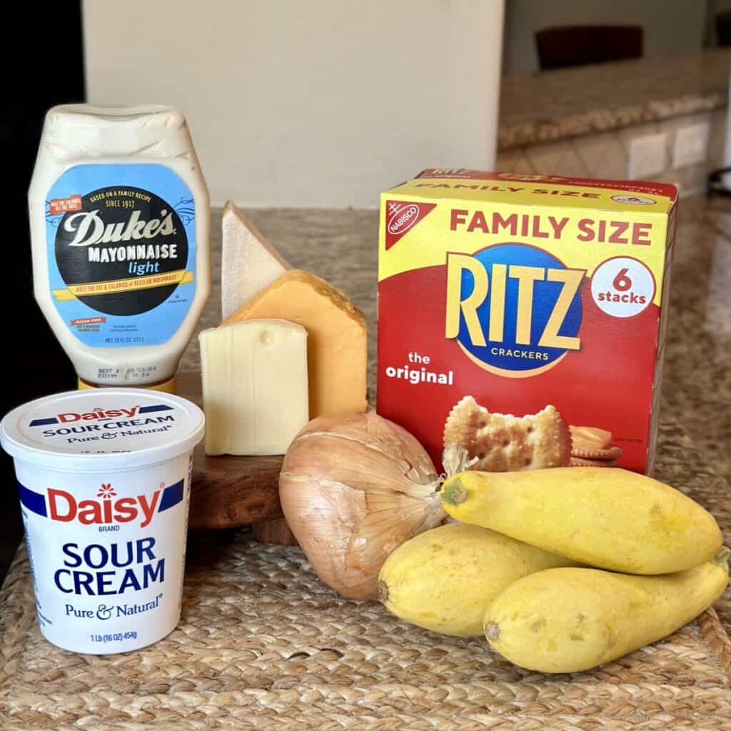 The ingredients to make squash casserole.