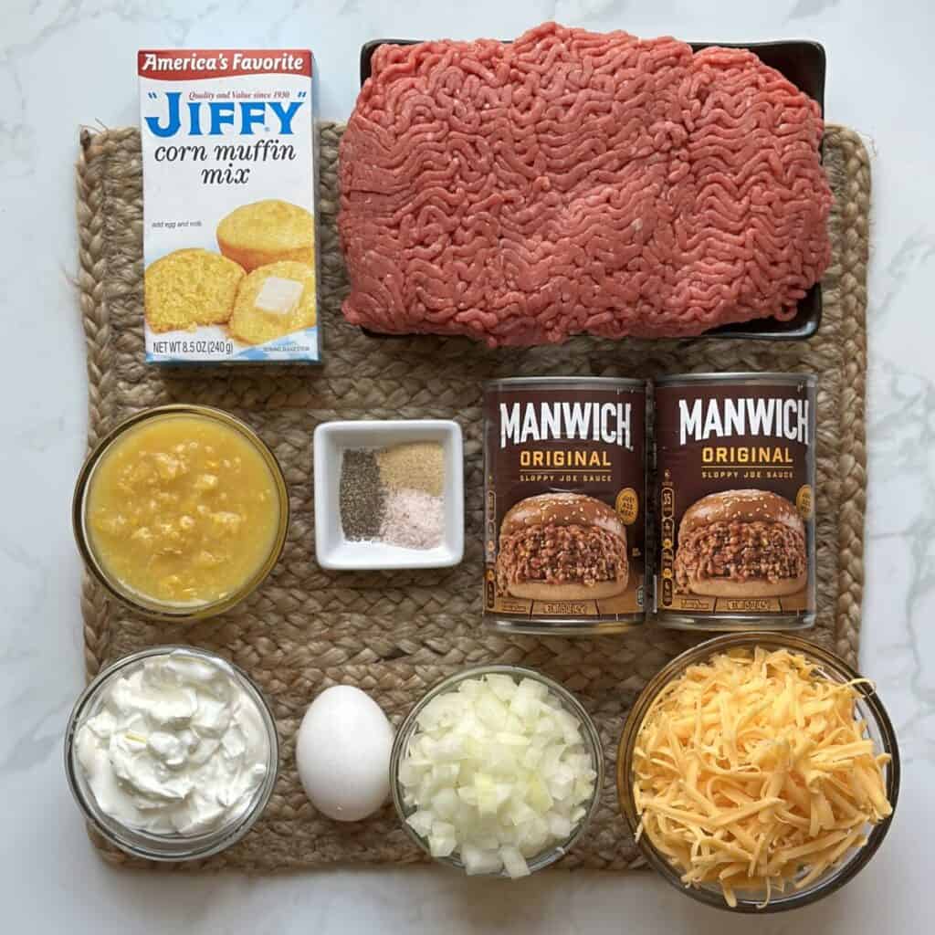 The ingredients to make sloppy Joe cornbread casserole.