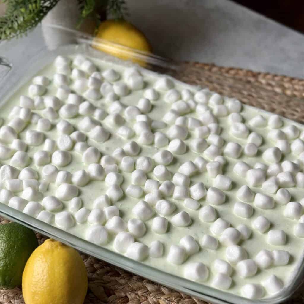 A pan of green jello salad.