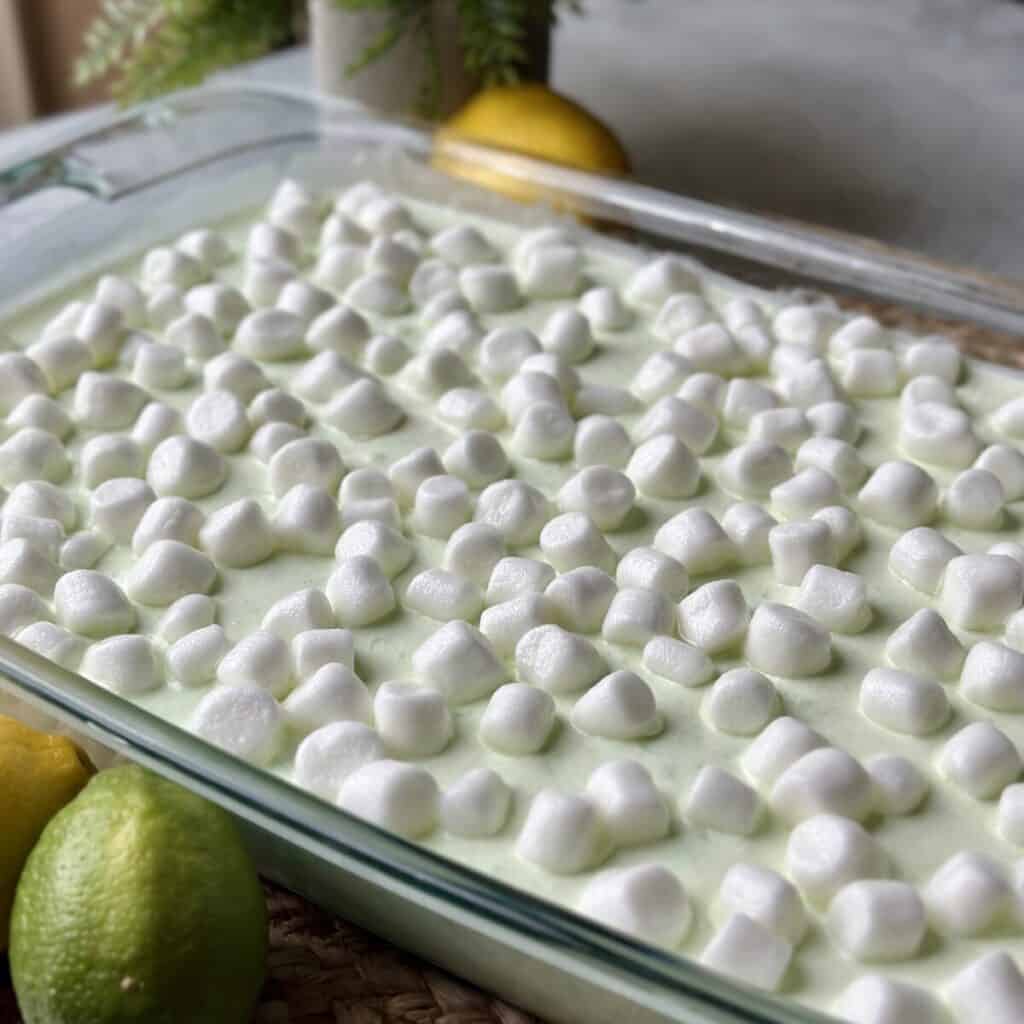 A pan of green jello salad.