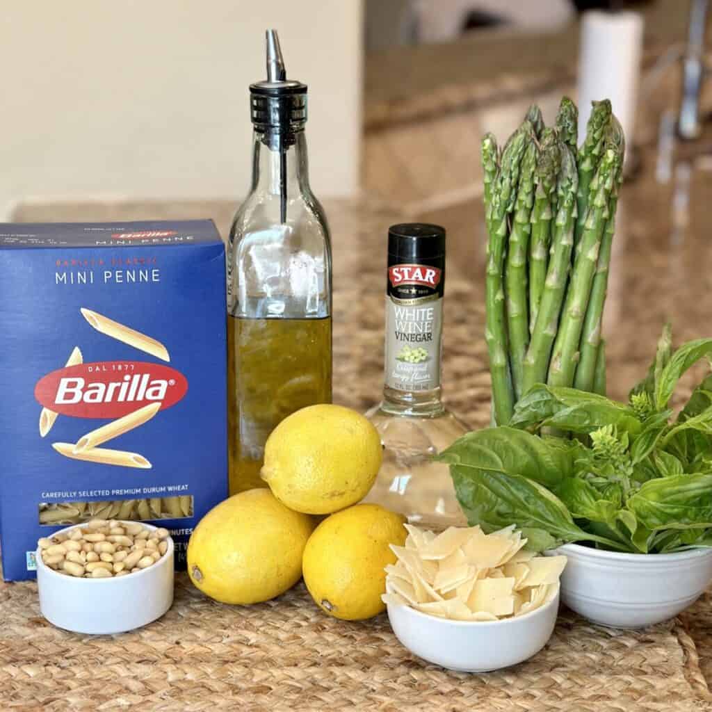 The ingredients to make lemon pasta salad.