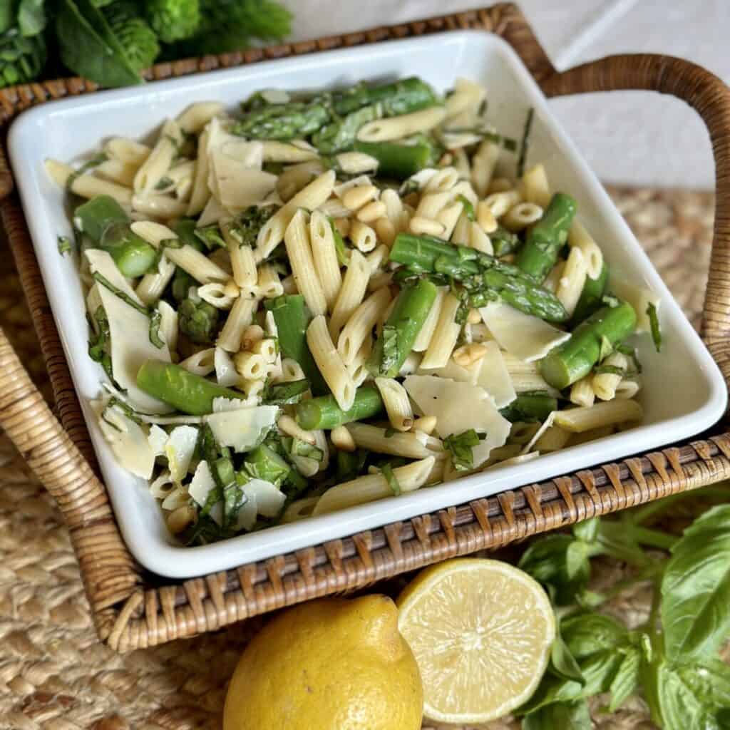 A bowl of lemon pasta salad.