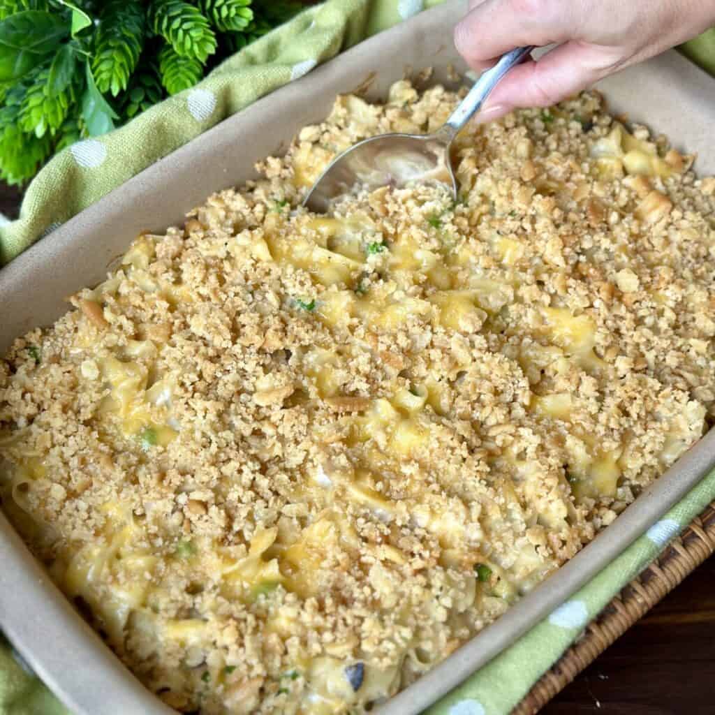 A baking dish of tuna noodle casserole.