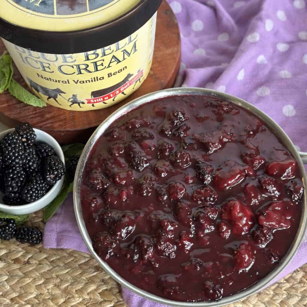 A skillet of blackberry dumplings.