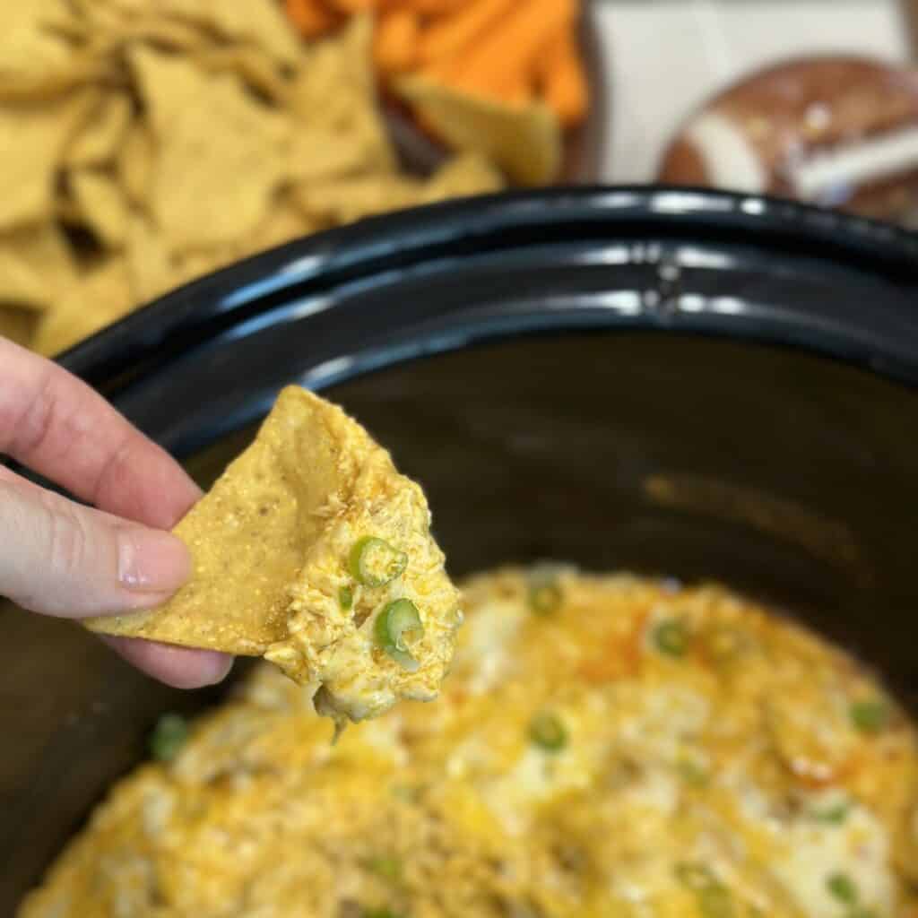 A chip with buffalo chicken dip on top.