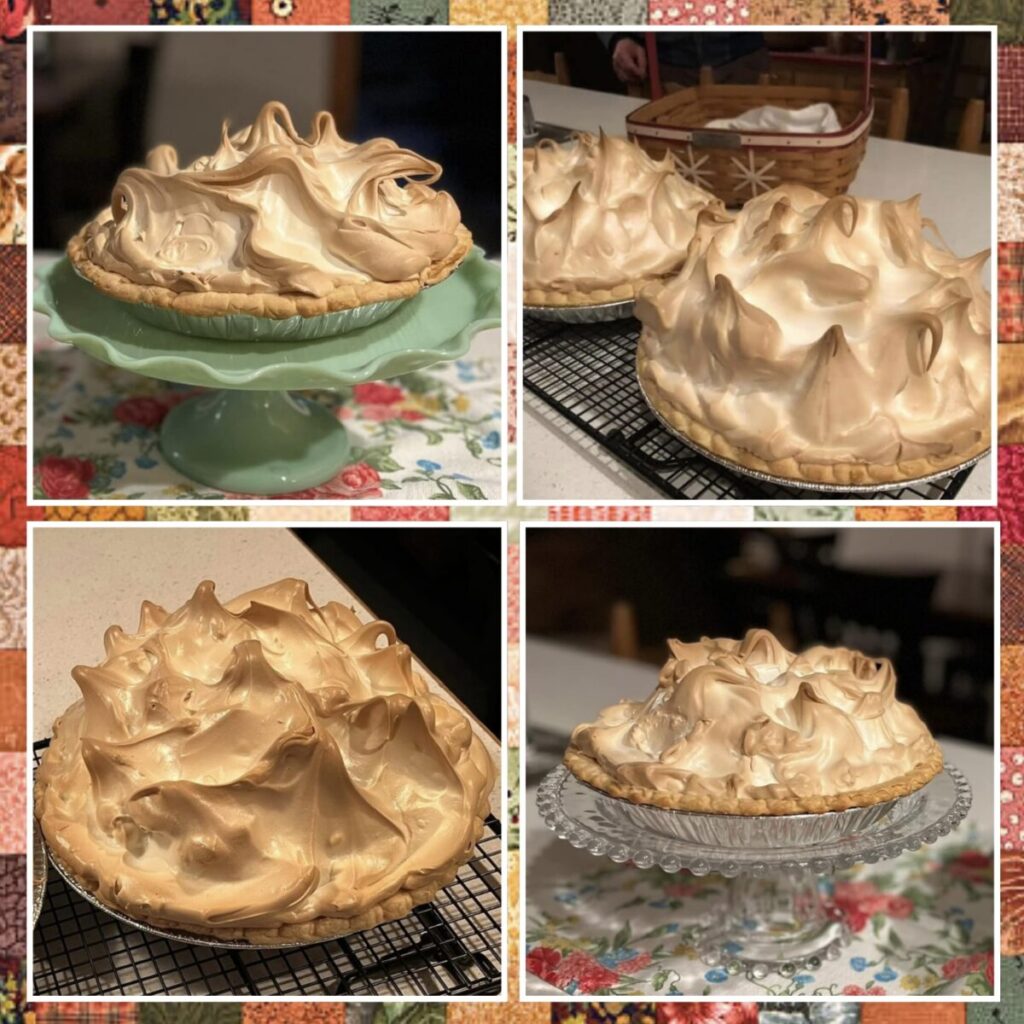 A collage of butterscotch meringue pie pictures.